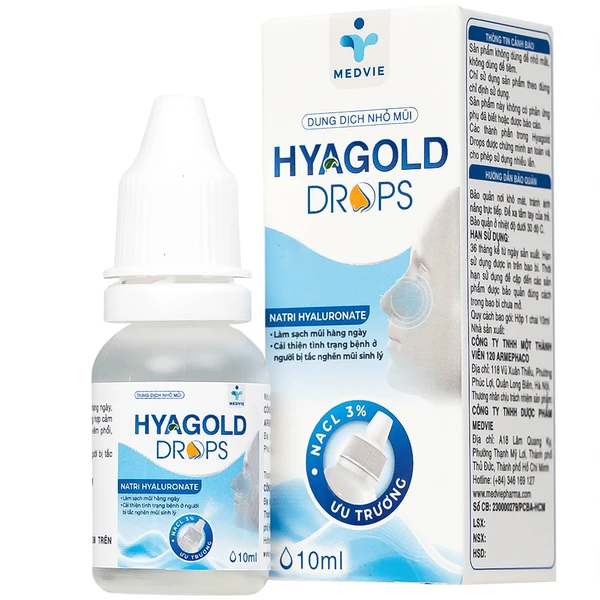 Nhỏ mũi Hyagold Drops Medvie 10ml giúp giữ ẩm và làm sạch mũi hàng ngày