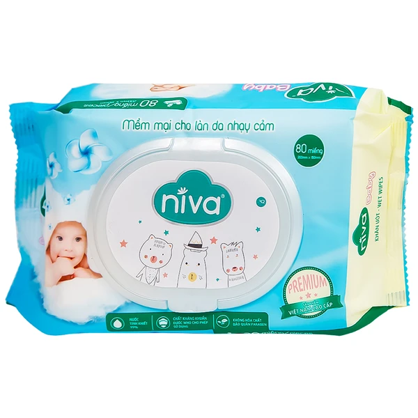 Khăn giấy ướt Niva Baby làm sạch, kháng khuẩn và giữ vệ sinh (80 miếng)