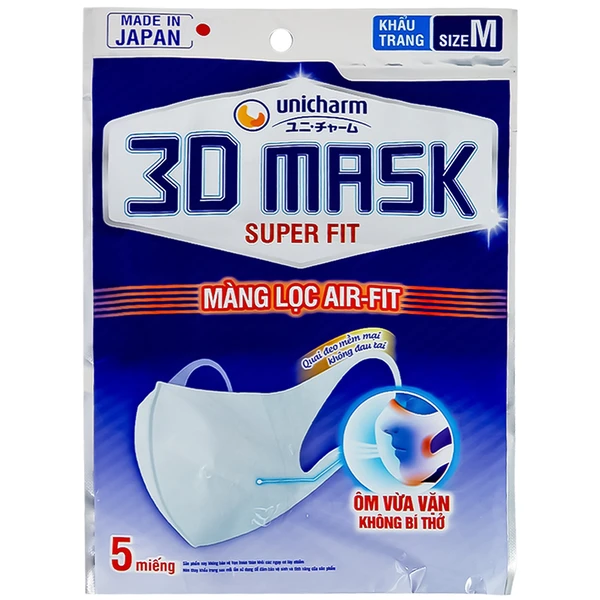 Khẩu trang Unicharm 3D Mask Super Fit size M màu trắng (5 cái) ôm vừa vặn, không bí thở