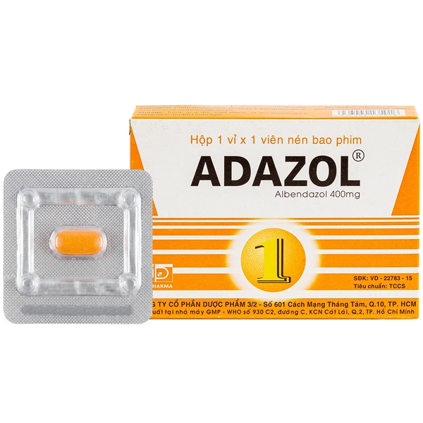 Thuốc Adazol 400mg Dược 3-2 điều trị nhiễm ký sinh trùng đường ruột (1 vỉ x 1 viên)
