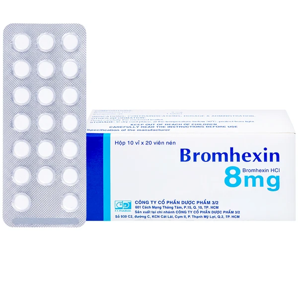 Thuốc Bromhexin 8mg Dược 3-2 tan đàm trong viêm khí phế quản, viêm phế quản mạn tính (10 vỉ x 20 viên)