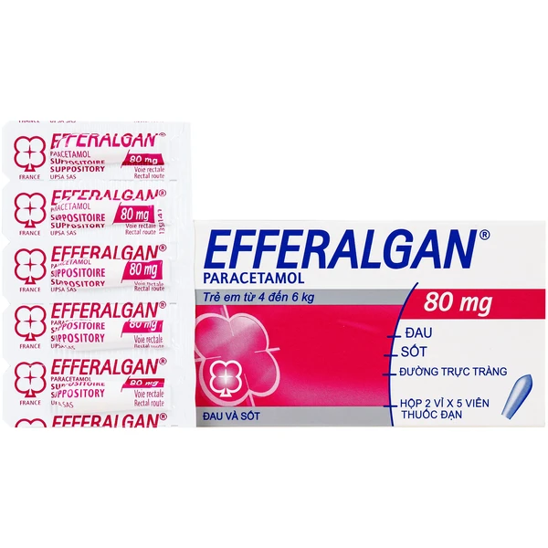 Thuốc đạn Efferalgan 80mg UPSA SAS giảm đau, hạ sốt (2 vỉ x 5 viên)