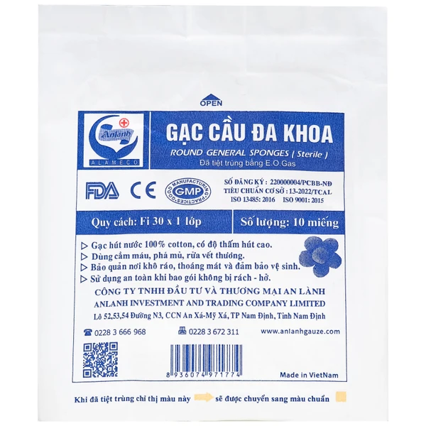 Gạc cầu đa khoa FI 30 x 1 lớp (10 miếng) dùng trong điều trị phẫu thuật, cầm máu, phá mủ, rửa vết thương