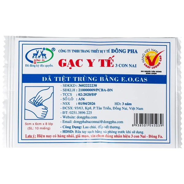 Gạc tiệt trùng Đông Pha nhỏ 5x6x8cm (10 miếng) sơ cứu vết thương, thấm máu và dịch tiết