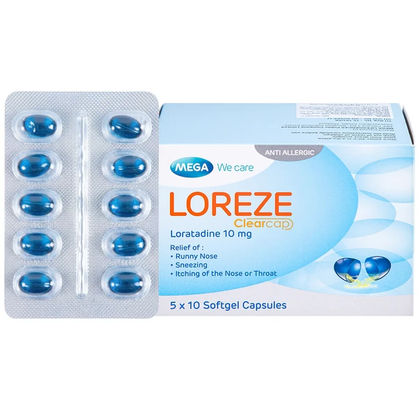 Viên nang mềm Loreze 10mg MEGA We care điều trị viêm mũi dị ứng, mày đay (5 vỉ x 10 viên)