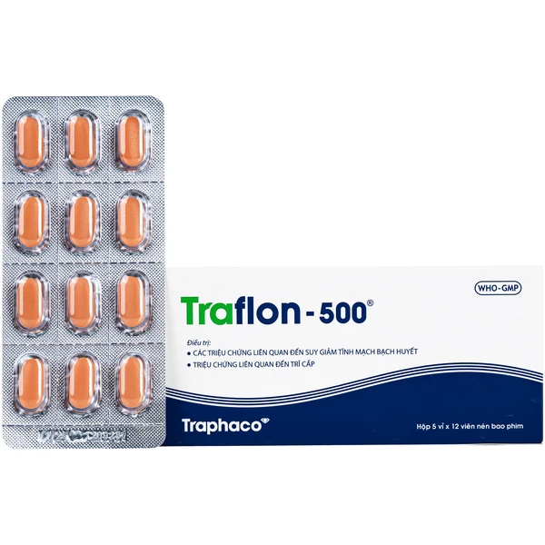 Thuốc Traflon 500mg Traphaco điều trị triệu chứng liên quan đến suy tĩnh mạch, mạch bạch huyết (5 vỉ x 12 viên)