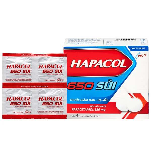 Viên sủi Hapacol 650 DHG điều trị các cơn đau có cường độ nhẹ đến trung bình và sốt (4 vỉ x 4 viên)