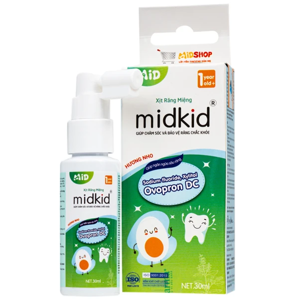 Xịt răng miệng Midkid hương Nho cho trẻ từ 1 tuổi Làm sạch răng miệng, ngừa hôi miệng và sâu răng cho bé (30ml)