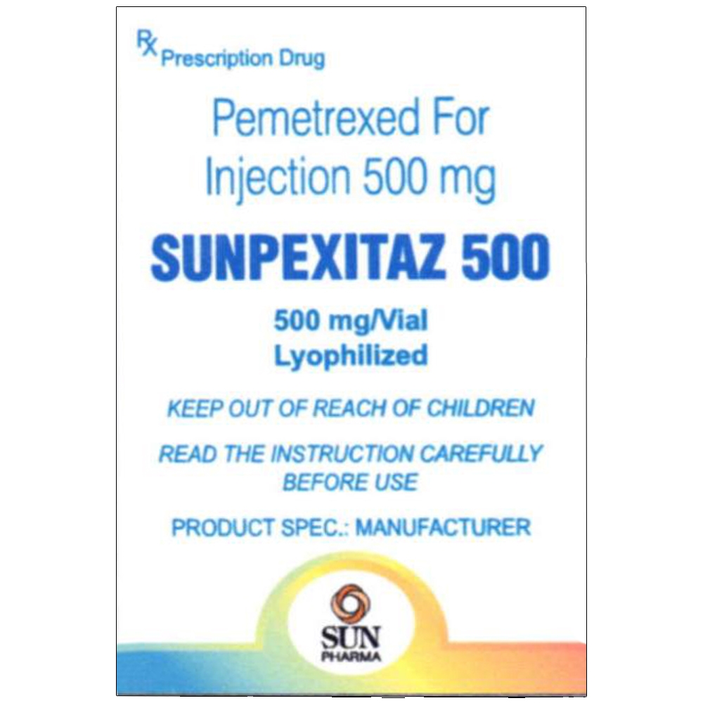 Hình ảnh Bột pha tiêm Sunpexitaz 500 Sun Pharma điều trị u trung biểu mô màng phổi ác tính, ung thư phổi không tế bào nhỏ