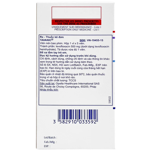 Thuốc Tavanic 500Mg điều trị nhiễm khuẩn (Hộp 1 vỉ x 5 viên)