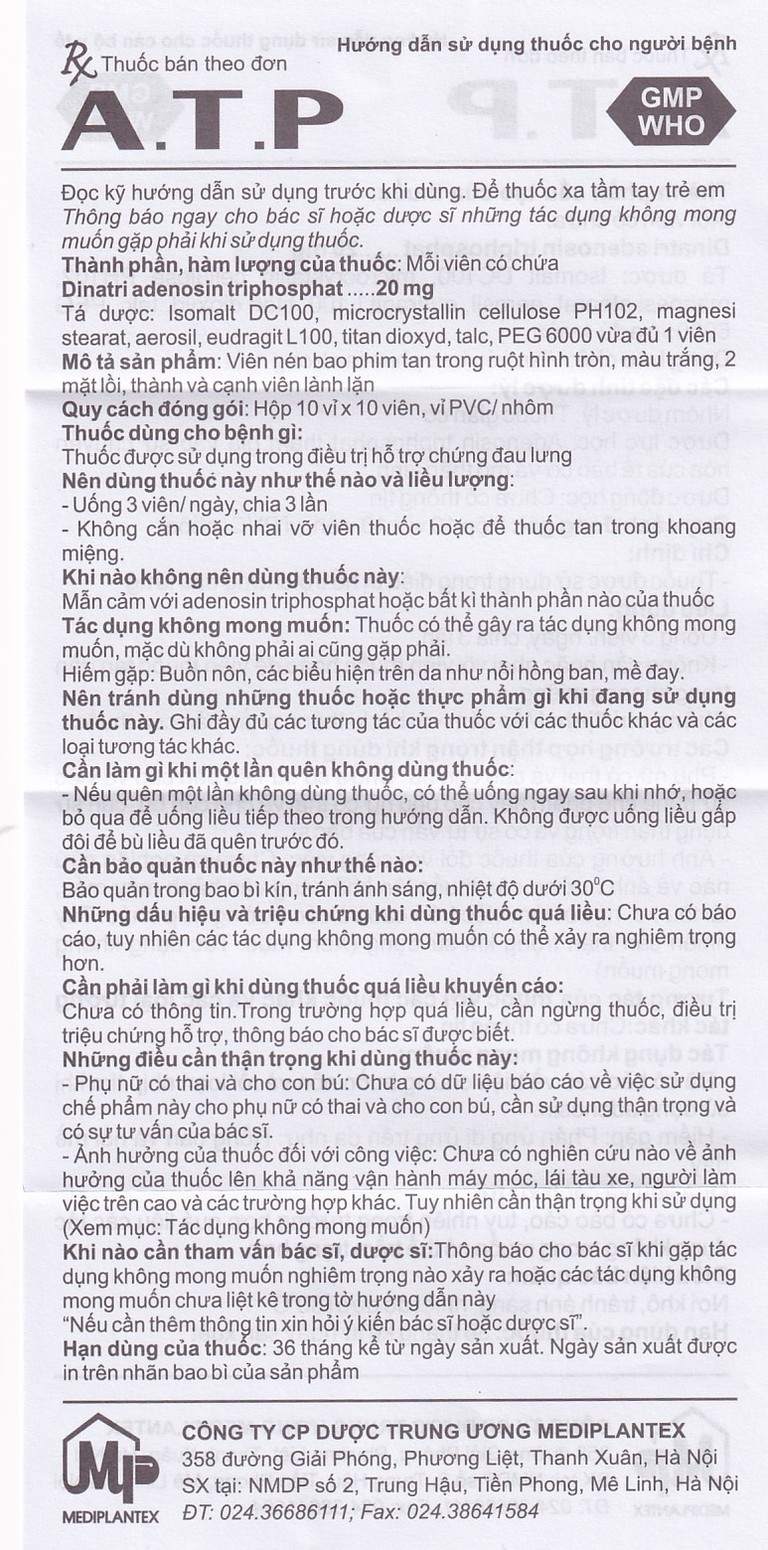 Thuốc  A.T.P 20mg Mediplantex điều trị suy tim, hoạt động cơ kém, bệnh lý dạ dày (10 vỉ x 10 viên)