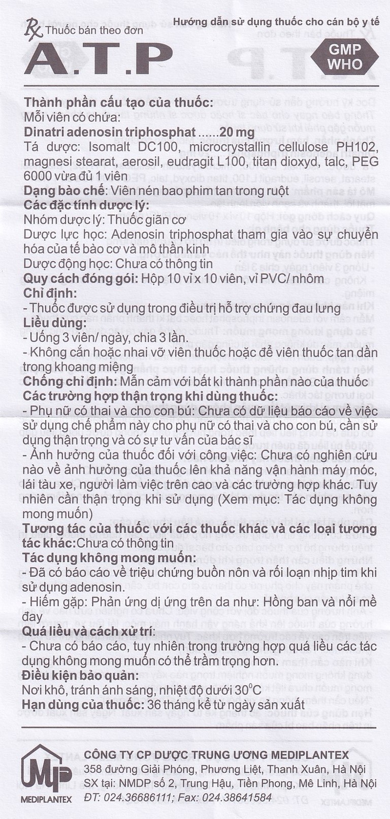Thuốc  A.T.P 20mg Mediplantex điều trị suy tim, hoạt động cơ kém, bệnh lý dạ dày (10 vỉ x 10 viên)
