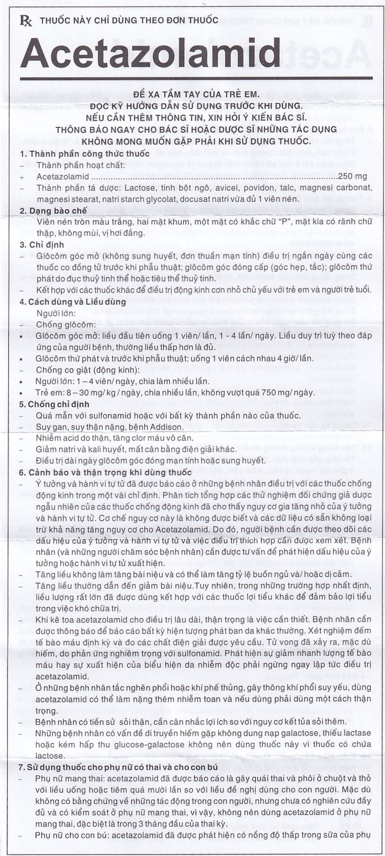 Thuốc Acetazolamid 250mg Pharmedic điều trị glôcôm và động kinh nhẹ (10 vỉ x 10 viên)
