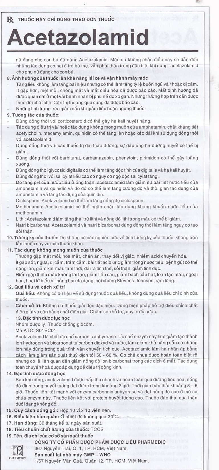 Thuốc Acetazolamid 250mg Pharmedic điều trị glôcôm và động kinh nhẹ (10 vỉ x 10 viên)