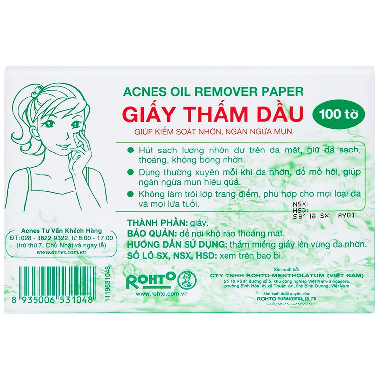 Giấy thấm dầu Acnes Oil Remover Paper giúp kiểm soát nhờn, ngăn ngừa mụn (100 tờ)