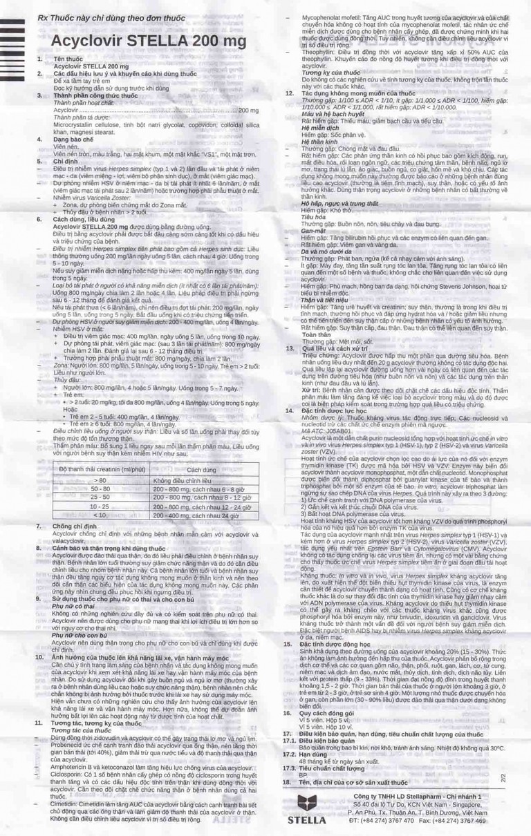 Thuốc Acyclovir Stella 200mg điều trị nhiễm Herpes simplex, Varicella zoster (5 vỉ x 5 viên)