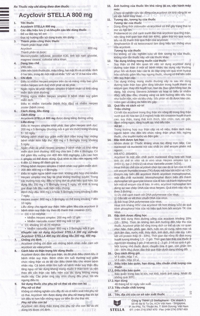 Thuốc Acyclovir Stella 800mg điều trị nhiễm Herpes simplex, Herpes zoster, thủy đậu (7 vỉ x 5 viên)