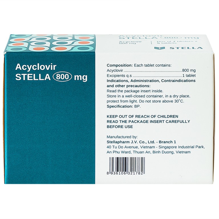 Thuốc Acyclovir Stella 800mg điều trị nhiễm Herpes simplex, Herpes zoster, thủy đậu (7 vỉ x 5 viên)