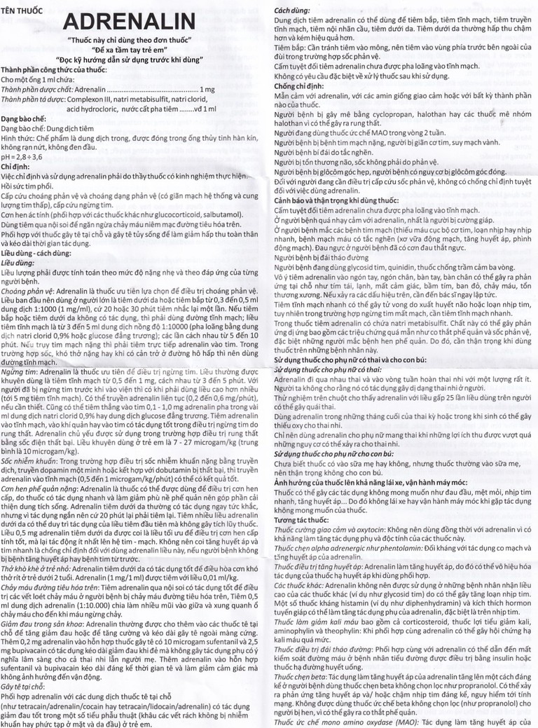 Dung dịch tiêm Adrenalin 1mg/1ml hồi sức tim phổi, cấp cứu choáng phản vệ (2 vỉ x 5 ống)