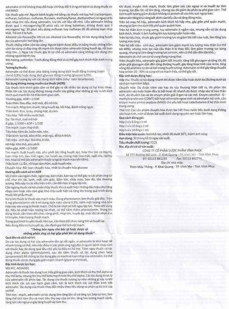 Dung dịch tiêm Adrenalin 1mg/1ml hồi sức tim phổi, cấp cứu choáng phản vệ (2 vỉ x 5 ống)
