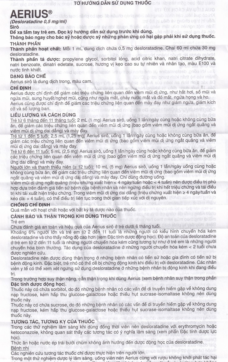 Siro Aerius MSD giảm nhanh các triệu chứng viêm mũi dị ứng, mày đay (60ml)