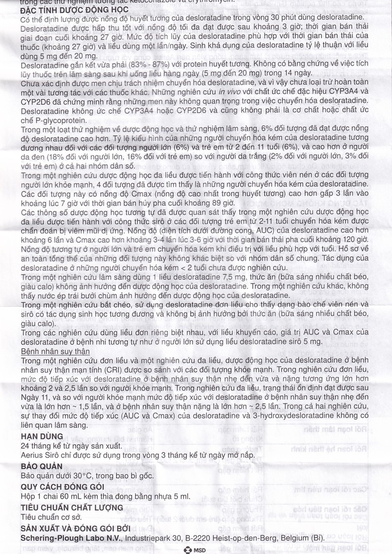 Siro Aerius MSD giảm nhanh các triệu chứng viêm mũi dị ứng, mày đay (60ml)