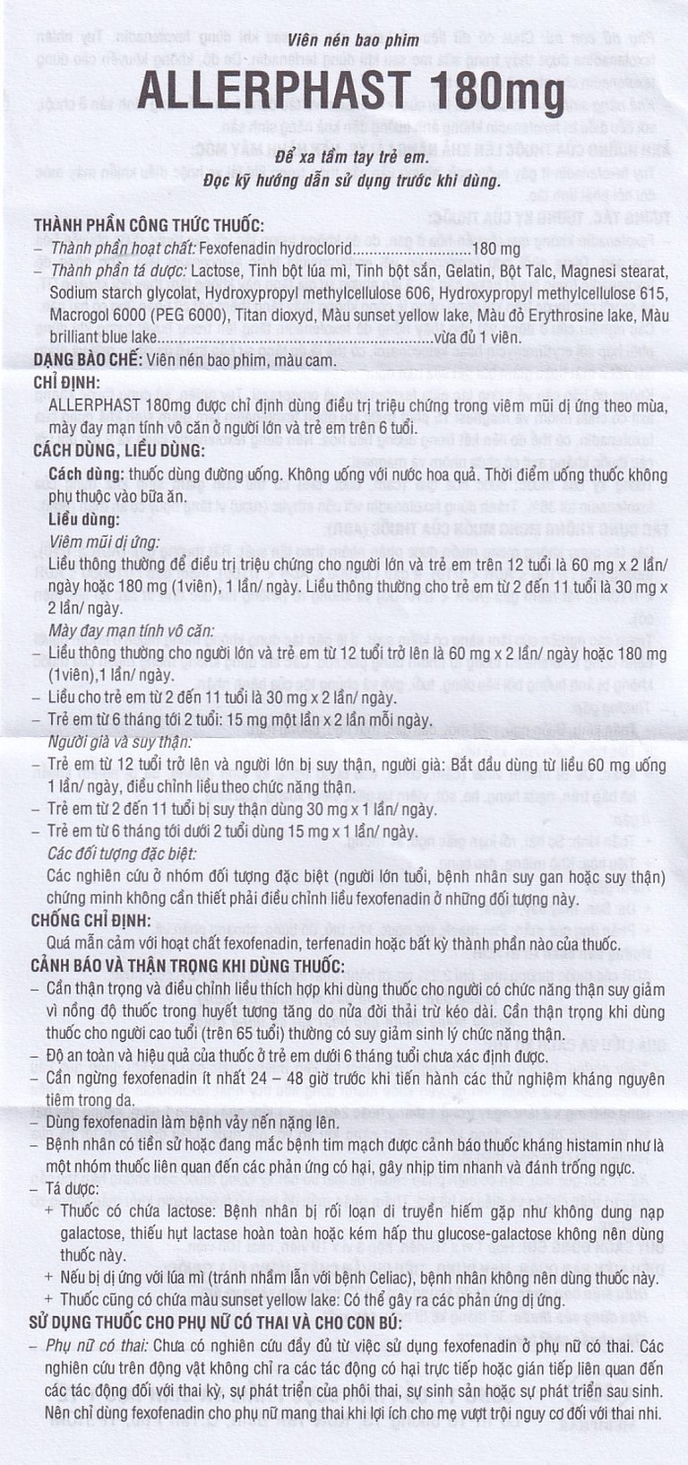 Thuốc Allerphast 180mg Mebiphar điều trị viêm mũi dị ứng theo mùa, mày đay mạn tính vô căn (1 vỉ x 10 viên)
