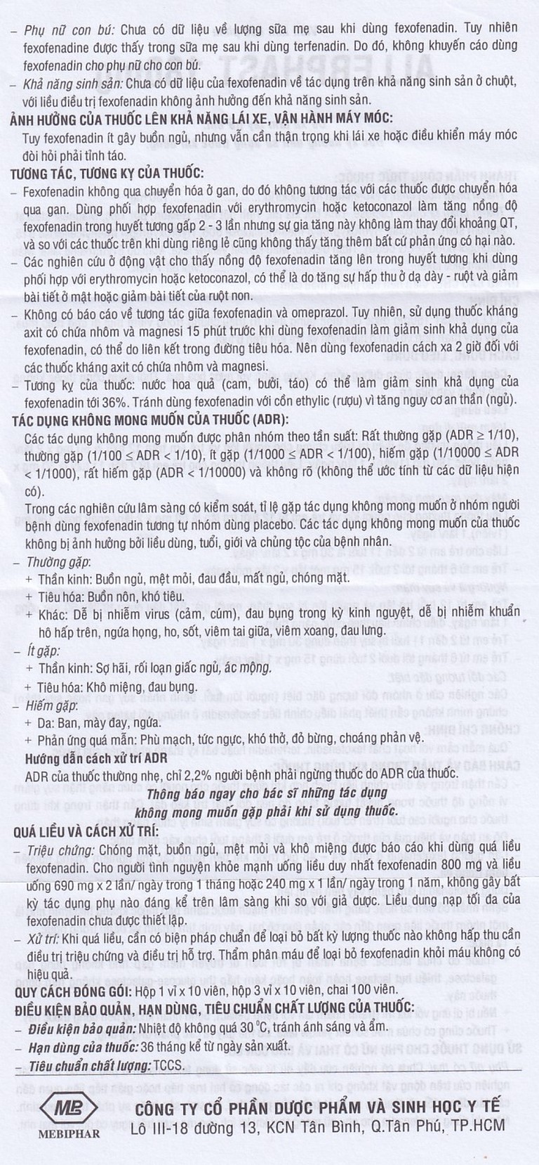 Thuốc Allerphast 180mg Mebiphar điều trị viêm mũi dị ứng theo mùa, mày đay mạn tính vô căn (1 vỉ x 10 viên)