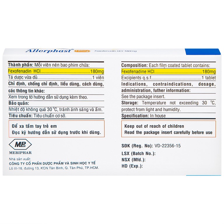 Thuốc Allerphast 180mg Mebiphar điều trị viêm mũi dị ứng theo mùa, mày đay mạn tính vô căn (1 vỉ x 10 viên)