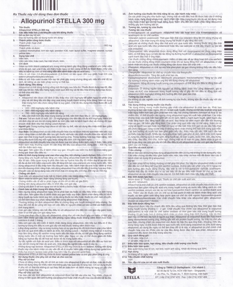 Thuốc Allopurinol Stella 300mg điều trị tăng acid uric máu, sỏi thận (3 vỉ x 10 viên)