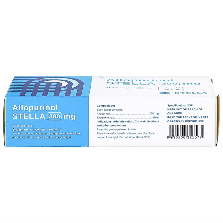 Thuốc Allopurinol Stella 300mg điều trị tăng acid uric máu, sỏi thận (3 vỉ x 10 viên)