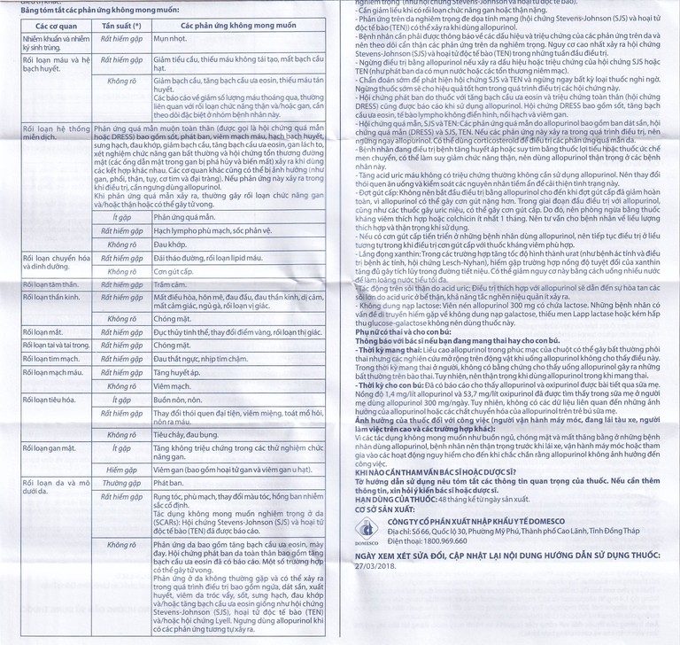 Thuốc Allopurinol 300mg Domesco điều trị tăng acid uric máu, sỏi thận (100 viên)