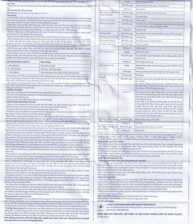 Thuốc Allopurinol 300mg Domesco điều trị tăng acid uric máu, sỏi thận (100 viên)