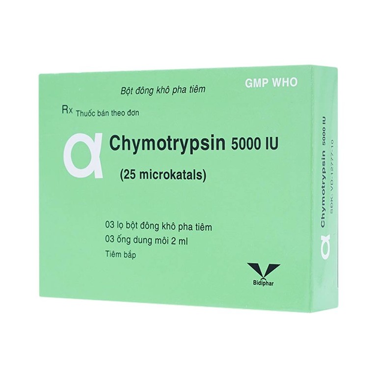 Bột đông khô pha tiêm AlphaChymotripsin 5000IU Bidiphar điều trị phù nề sau chấn thương, phẩu thuật (3 lọ bột x 3 ống dung môi)