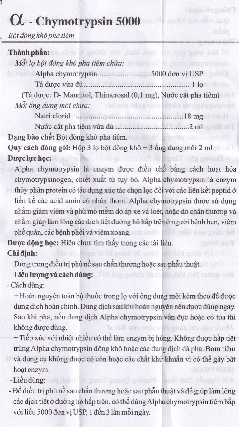 Bột đông khô pha tiêm AlphaChymotripsin 5000IU Bidiphar điều trị phù nề sau chấn thương, phẩu thuật (3 lọ bột x 3 ống dung môi)