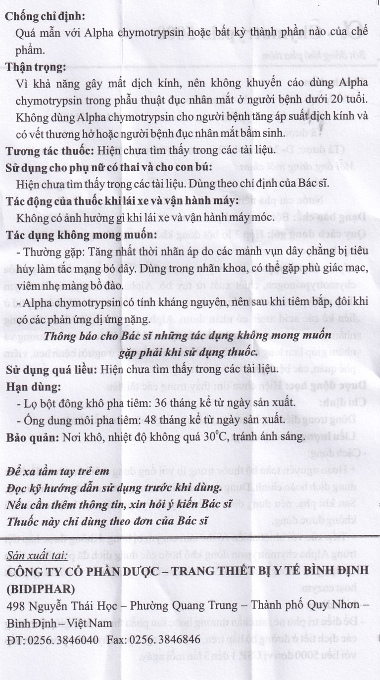 Bột đông khô pha tiêm AlphaChymotripsin 5000IU Bidiphar điều trị phù nề sau chấn thương, phẩu thuật (3 lọ bột x 3 ống dung môi)
