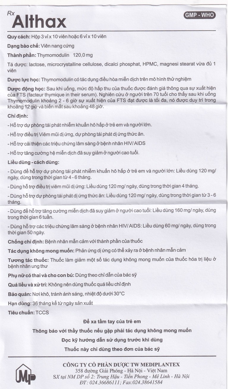 Thuốc Althax 120mg Mediplantex hỗ trợ điều trị viêm mũi dị ứng, nhiễm khuẩn hô hấp (3 vỉ x 10 viên)