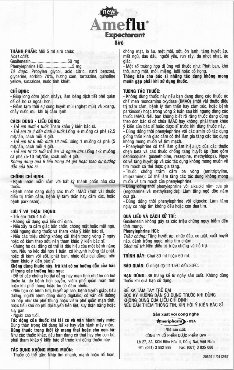 Siro Ameflu Expectorant OPV thông mũi, long đờm (60ml)