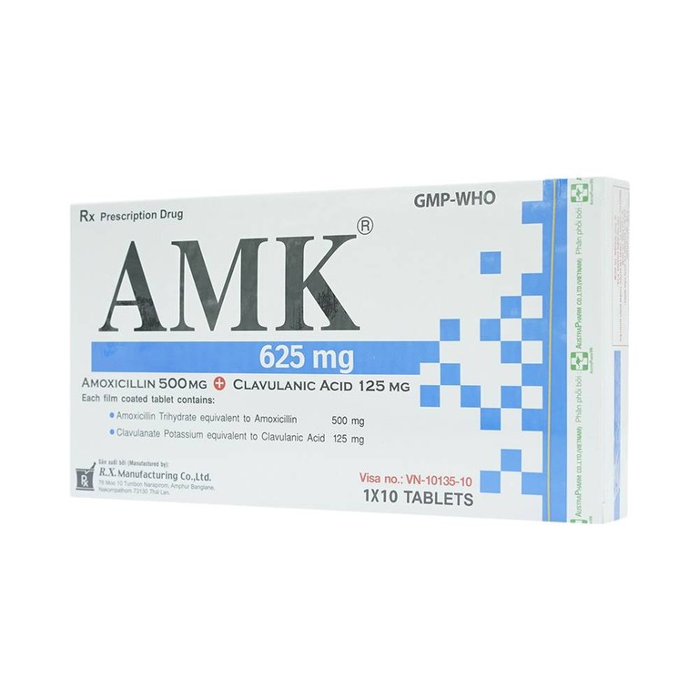 Thuốc AMK 625mg R.X điều trị nhiễm trùng đường hô hấp (2 vỉ x 5 viên)