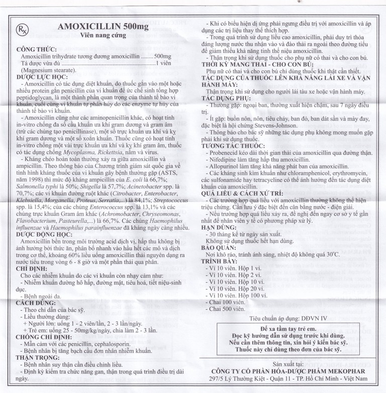 Thuốc Amoxicillin 500mg Mekophar điều trị nhiễm khuẩn (10 vỉ x 10 viên)