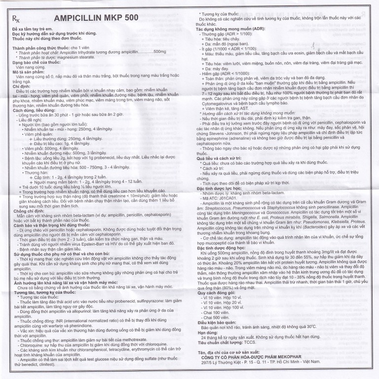 Thuốc Ampicillin MKP 500 Mekophar điều trị nhiễm khuẩn (10 vỉ x 10 viên)