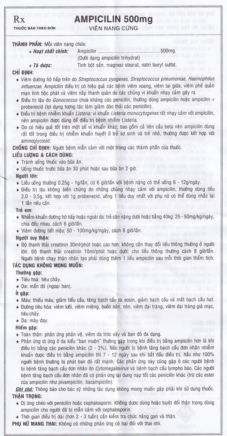 Thuốc Ampicilin 500mg Vidipha điều trị nhiễm khuẩn (10 vỉ x 10 viên)