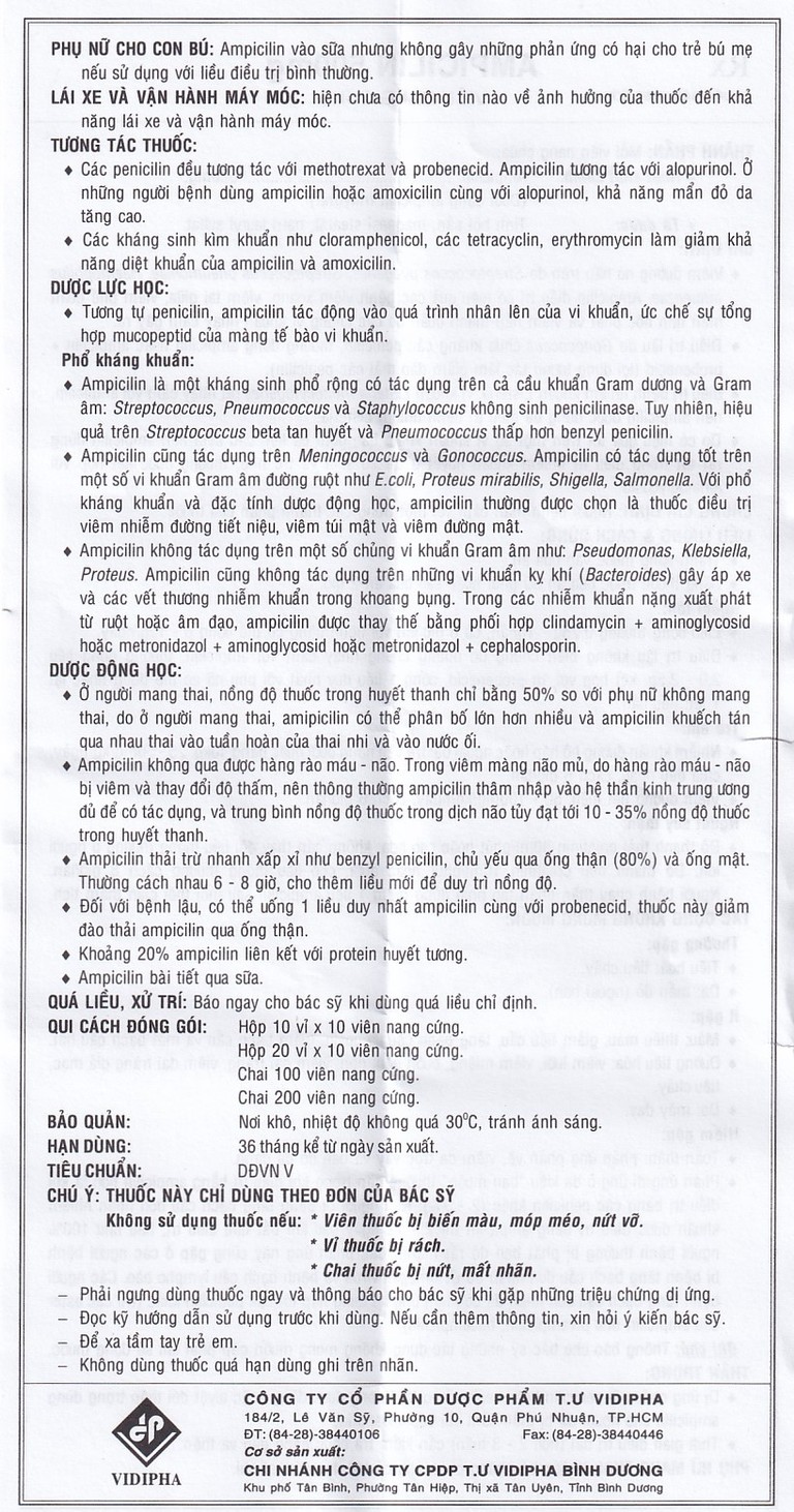 Thuốc Ampicilin 500mg Vidipha điều trị nhiễm khuẩn (10 vỉ x 10 viên)