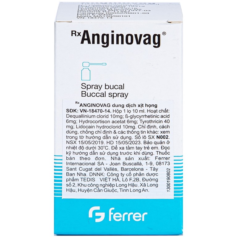 Dung dịch xịt họng Anginovag Ferrer hỗ trợ điều trị các bệnh lý ở miệng, họng (10ml)