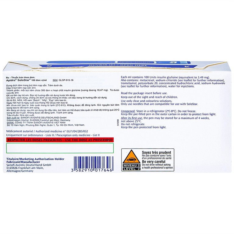 Bút tiêm Apidra Solostar 100IU/ml Sanofi điều trị đái tháo đường (5 bút x 3ml)