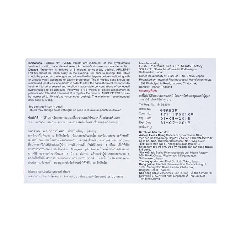 Thuốc Aricept Evess 10mg Eisai điều trị triệu chứng bệnh alzheimer (2 vỉ x 14 viên)