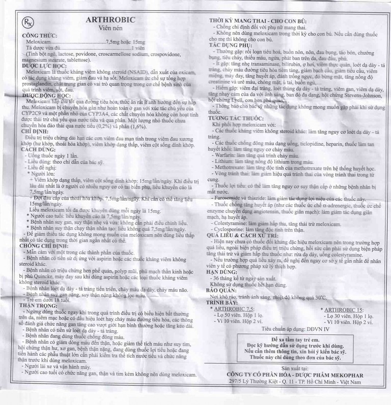 Thuốc Arthrobic 7.5 Mekophar điều trị viêm đau xương khớp, viêm khớp dạng thấp (50 viên)