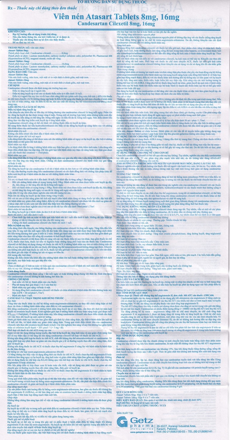 Thuốc Atasart Tablets 16mg Getz điều trị tăng huyết áp (4 vỉ x 7 viên)