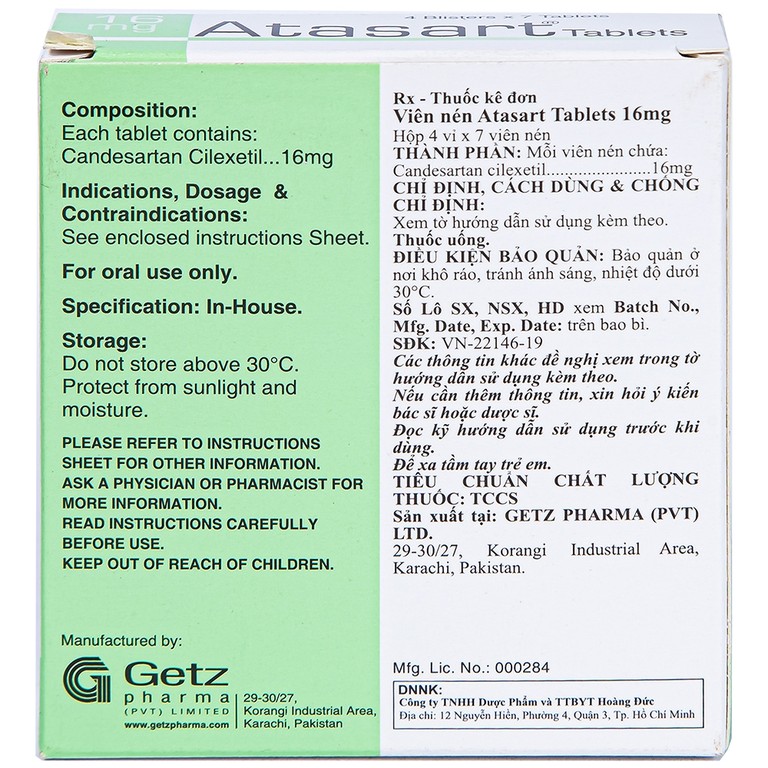 Thuốc Atasart Tablets 16mg Getz điều trị tăng huyết áp (4 vỉ x 7 viên)