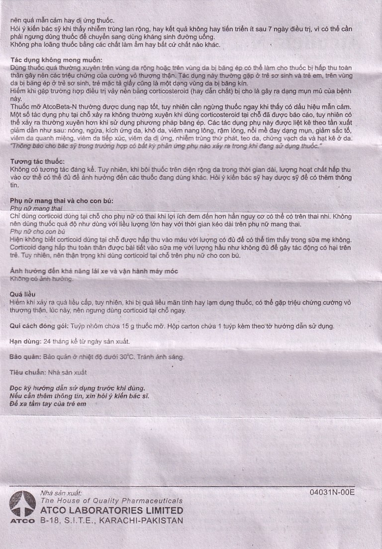 Thuốc mỡ Atcobeta-N 0,1% Atco điều trị viêm da, chàm dị ứng (15g)